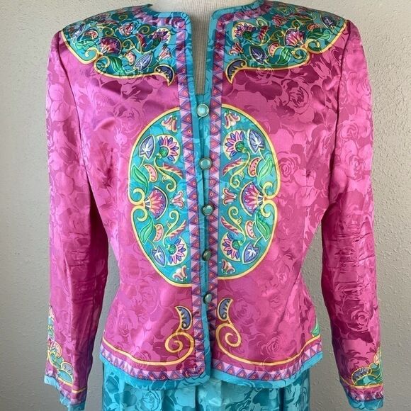 Vintage 80s Papell Petites Silk Jacket & Skirt EUC - Picture 2 of 14